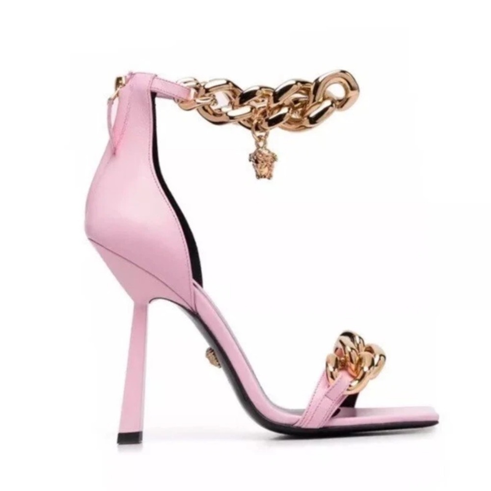 New! VERSACE Medusa Chain Square Toe Heels Pink Leather Gold Hardware Sandals - Picture 3 of 15